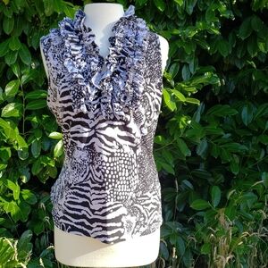 Black and White Ruffled Sleevelss Women's Top Size Medium Soft Silky Stretchy
